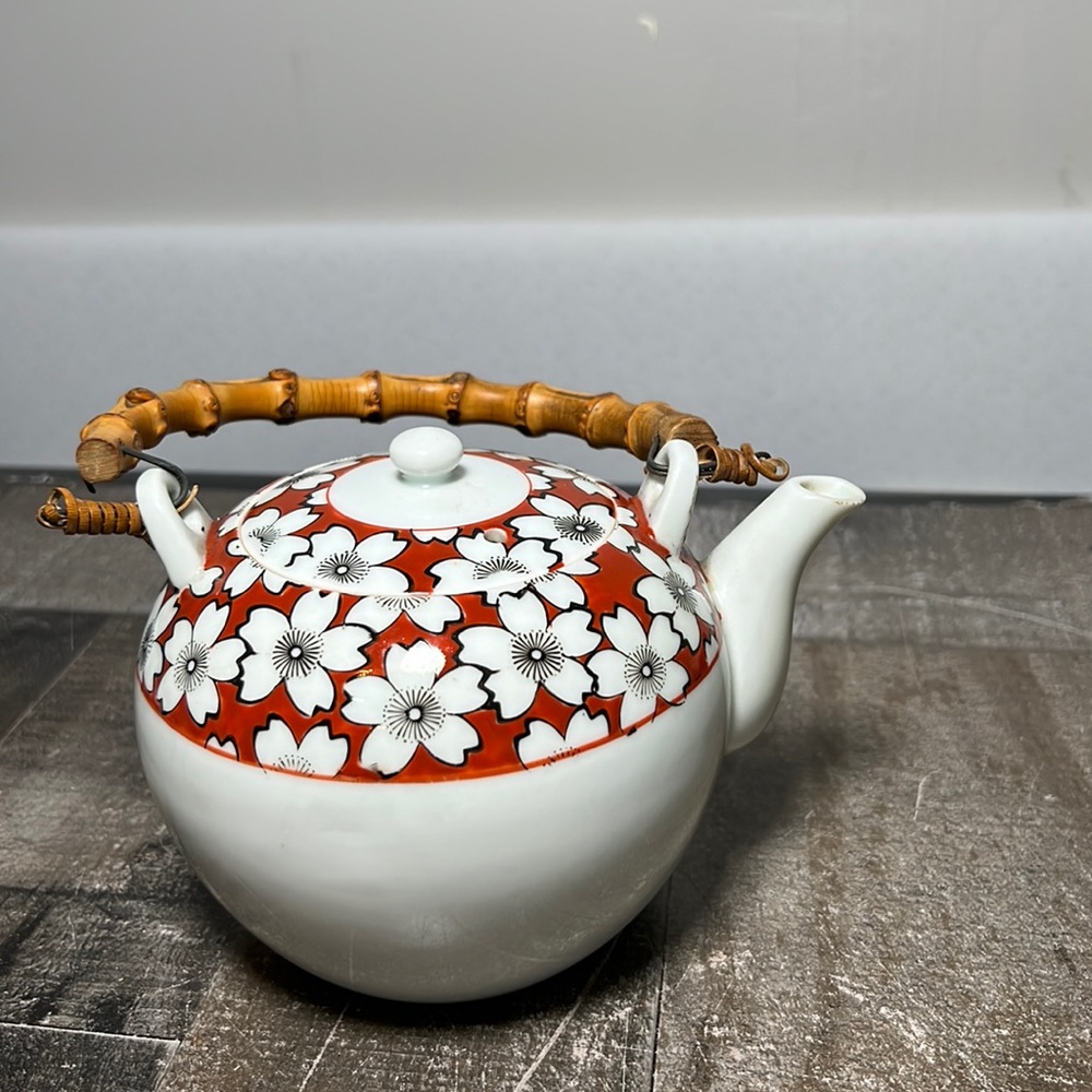 Vintage Asian Porcelain Tea Pot Name under Lid Rattan Handle - Picture 1 of 7